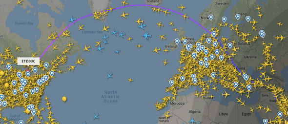 Trajectoire transatlantique Flight Radar 24